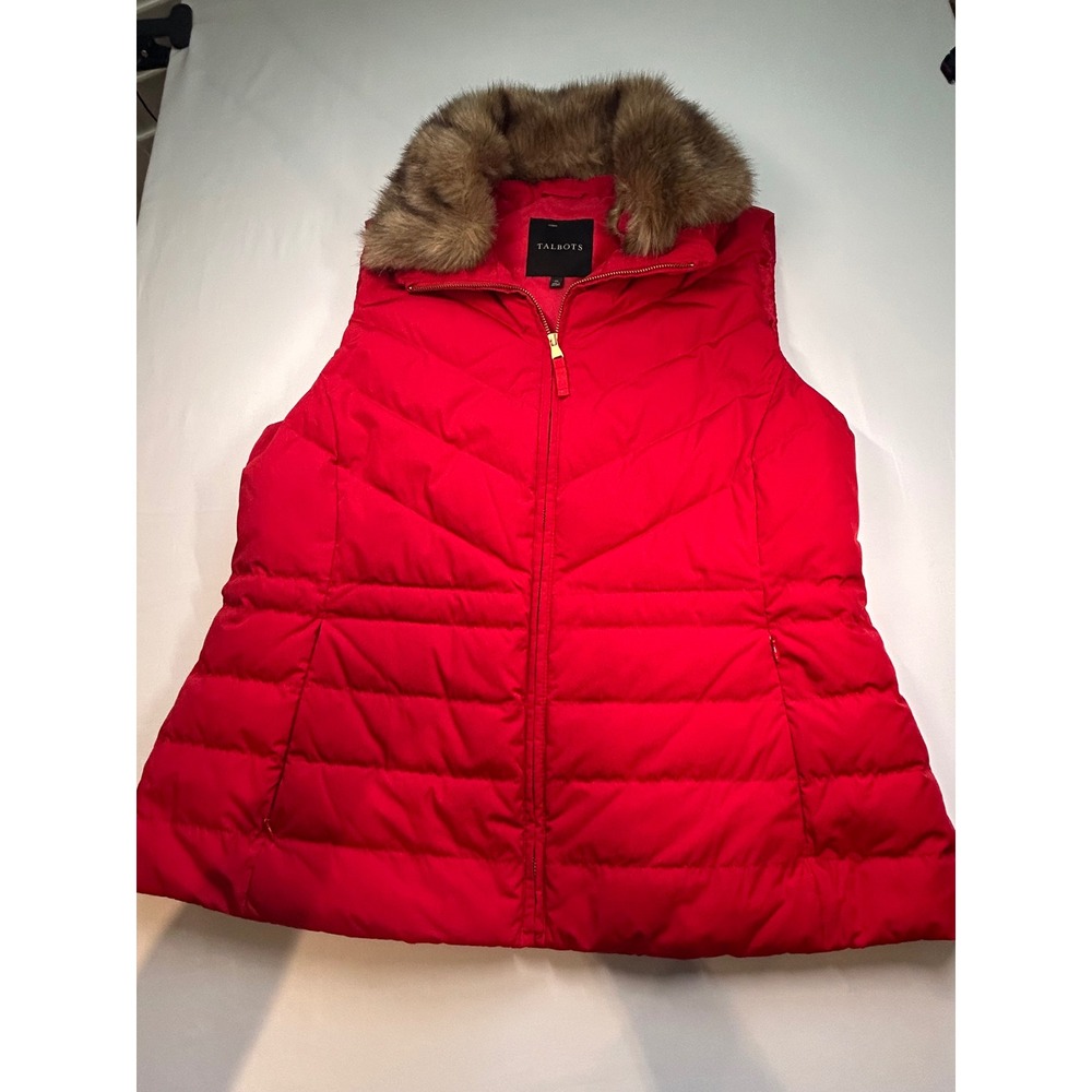 Talbots Puffer Vest Womens XL Red Faux Fur Trim Down Fill Pockets Quilted